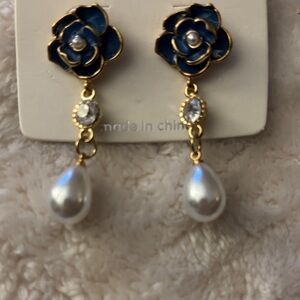 Gold-Tone Blue Flower Pearl Drop Earrings